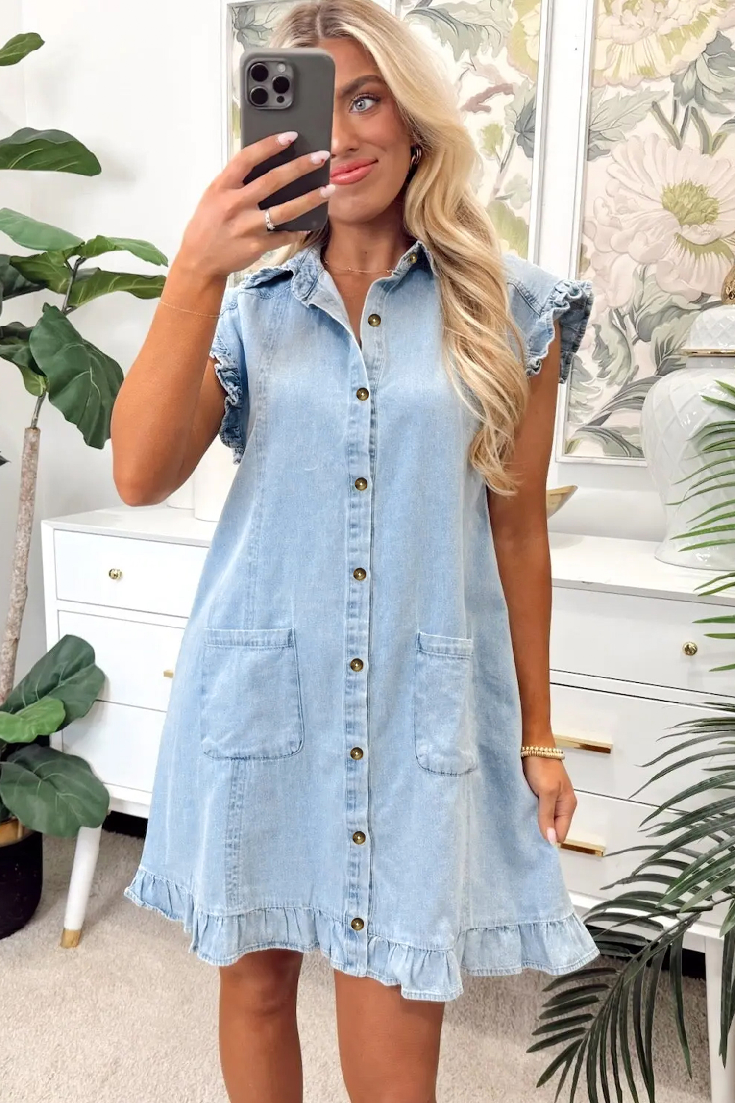 Chic Beau Blue Shift Denim Dress for Women – Ruffled Edge Design and Convenient Pockets - Detail View 2 Chic Beau Blue Shift Denim Dress for Women – Ruffled Edge Design and Convenient Pockets - Detail View 2
