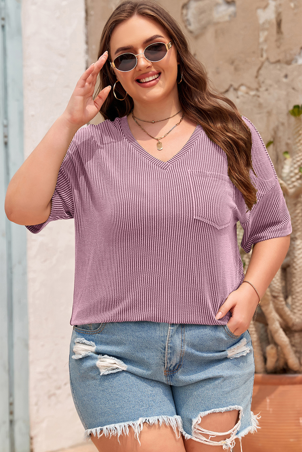 Women's Valerian V-Neck Dropped Shoulder Plus T-Shirt – Casual Summer Essential - Detail View 10 Women's Valerian V-Neck Dropped Shoulder Plus T-Shirt – Casual Summer Essential - Detail View 10