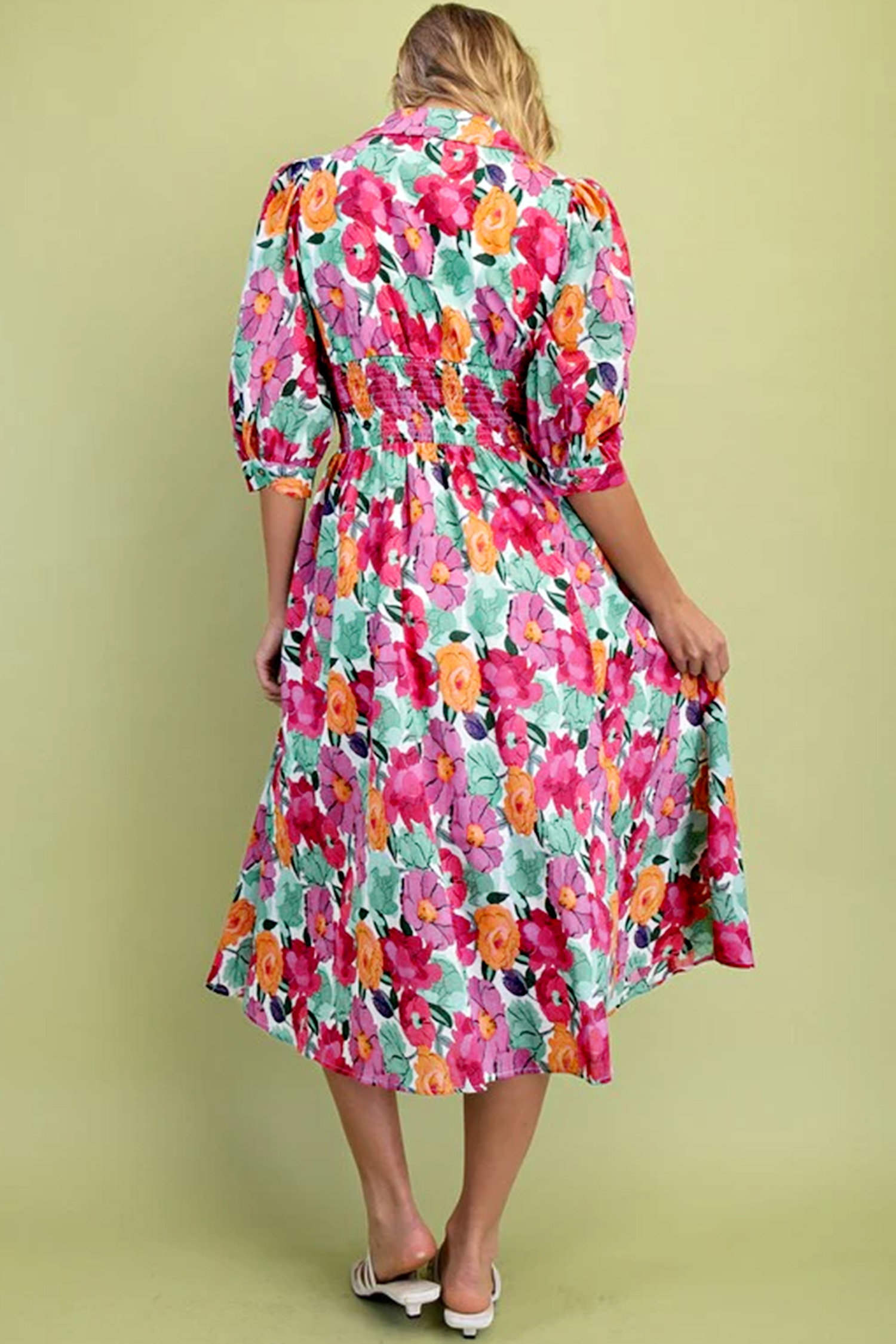 Casual Floral Print Midi Dress for Women – Half Sleeve V Neck A-Line Dress with Zip Up Detail, Daily Summer Wear - Detail View 2 Casual Floral Print Midi Dress for Women – Half Sleeve V Neck A-Line Dress with Zip Up Detail, Daily Summer Wear - Detail View 2