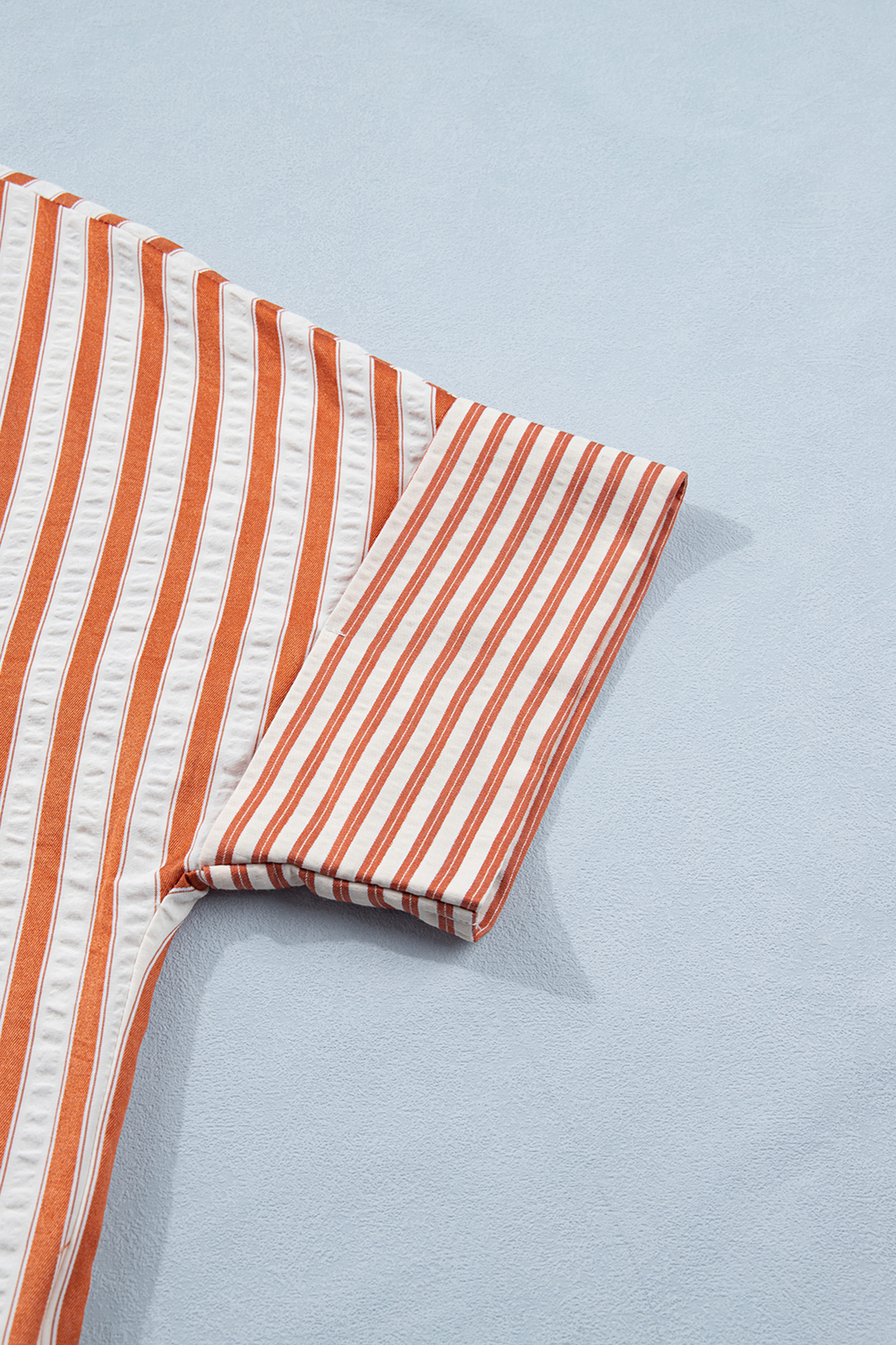 Women's Brown Stripe V Neck Shift Mini Dress – Casual Summer Style with Turn-up Cuffs - Detail View 13 Women's Brown Stripe V Neck Shift Mini Dress – Casual Summer Style with Turn-up Cuffs - Detail View 13