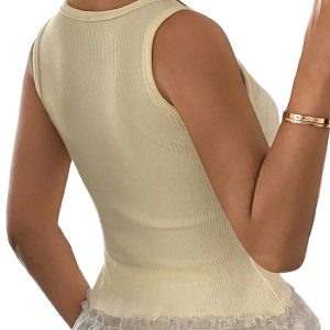 Women's Beige Ribbed Lace Hem Tank – Casual U Neck Sleeveless - Main View