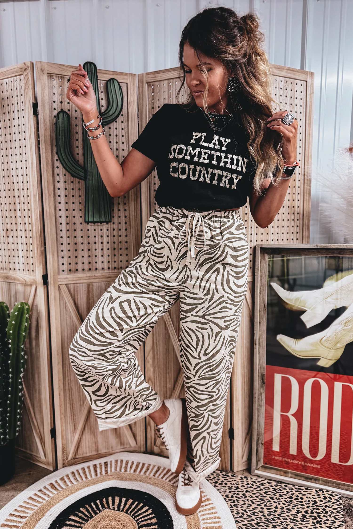 Women's Animal Stripe Trousers, High Waist Western Print - Detail View 11 Women's Animal Stripe Trousers, High Waist Western Print - Detail View 11