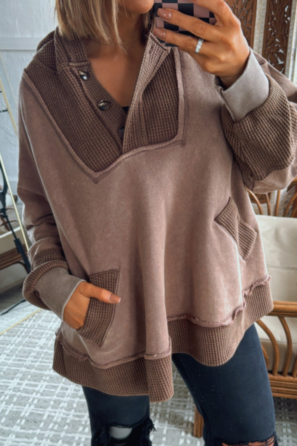 Casual Khaki Oversized Hoodie with Waffle Knit and Patchwork Design - Detail View 2 Casual Khaki Oversized Hoodie with Waffle Knit and Patchwork Design - Detail View 2