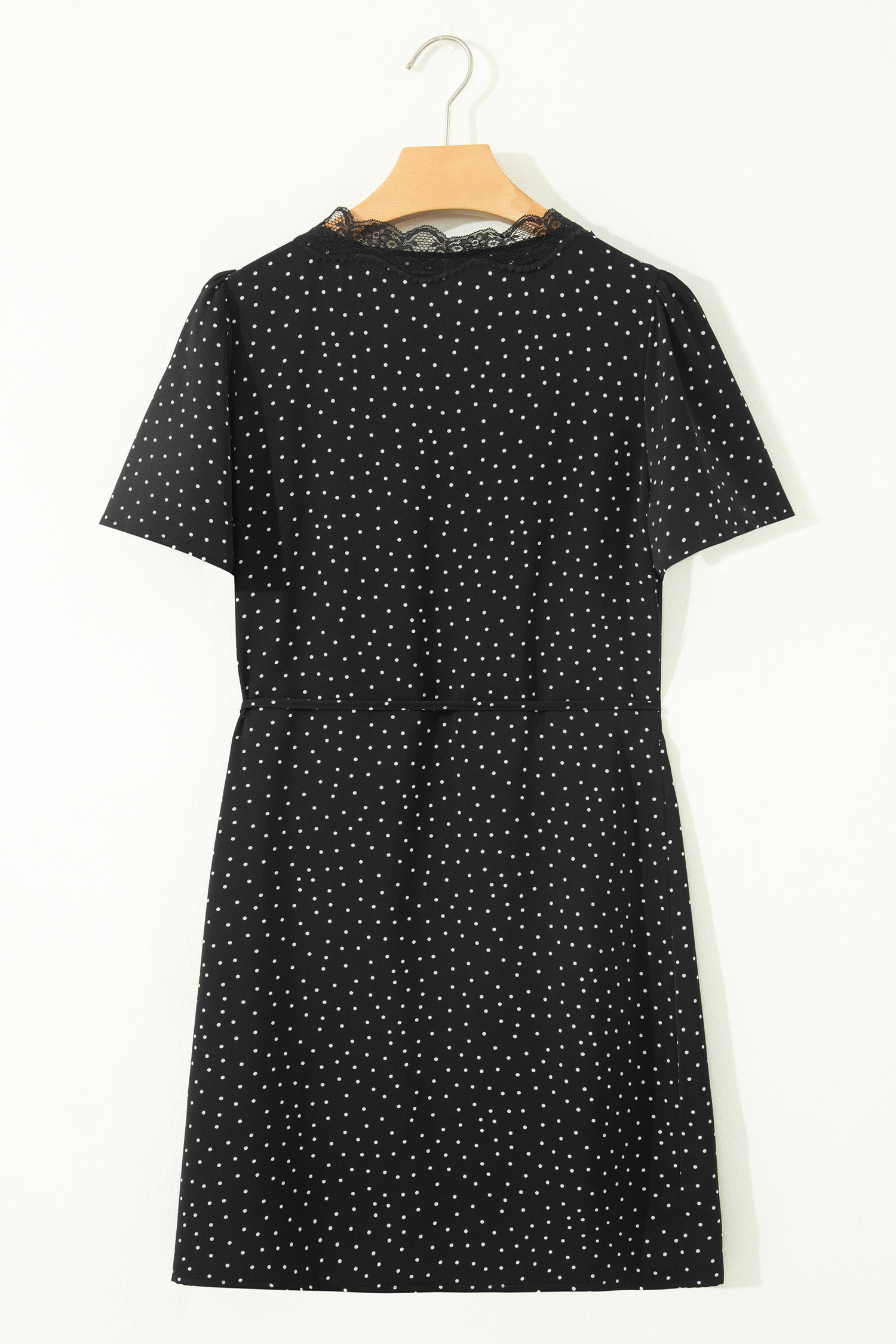Women's Black Polka Dot Mini Dress – Short Sleeve Lace Trim Wrap Dress for Casual Summer Wear - Detail View 7 Women's Black Polka Dot Mini Dress – Short Sleeve Lace Trim Wrap Dress for Casual Summer Wear - Detail View 7