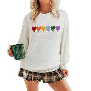 Women's White Chenille Heart Graphic Drop Shoulder Holiday Sweater – Cozy Casual Style for Fall - Main View