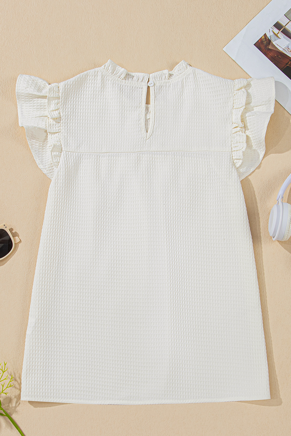 Chic White Waffle Knit Top with Frilled Neck Design - Summer Essential - Detail View 7 Chic White Waffle Knit Top with Frilled Neck Design - Summer Essential - Detail View 7