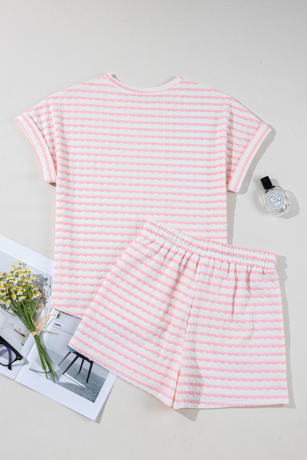 Women's Loungewear, Pink Stripe Set, Knitted Top, Drawstring Shorts, Casual Outfit, Comfortable Summer Wear, Short Sleeve Top, Striped Pattern, Daily Wear, Two-Piece Set, Lightweight Fabric, Fashionable, Relaxed Fit - Detail View 8 Women's Loungewear, Pink Stripe Set, Knitted Top, Drawstring Shorts, Casual Outfit, Comfortable Summer Wear, Short Sleeve Top, Striped Pattern, Daily Wear, Two-Piece Set, Lightweight Fabric, Fashionable, Relaxed Fit - Detail View 8