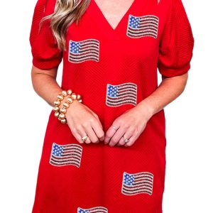 Fiery Red Sequin American Flag Patched Polo Collar T-Shirt Dress for Women - Main View