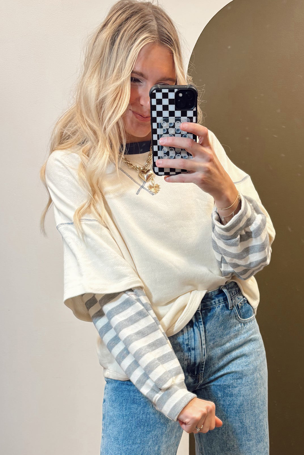 Casual Fall & Autumn Women's Two-in-One Top with Long Sleeves and Round Neck - Detail View 6 Casual Fall & Autumn Women's Two-in-One Top with Long Sleeves and Round Neck - Detail View 6