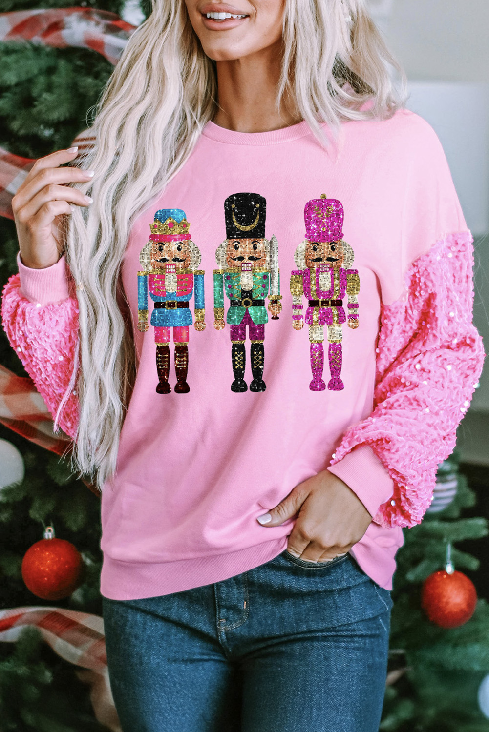 Elegant Pink Graphic Top with Sequined Sleeves - Perfect for Christmas Celebrations - Detail View 3 Elegant Pink Graphic Top with Sequined Sleeves - Perfect for Christmas Celebrations - Detail View 3