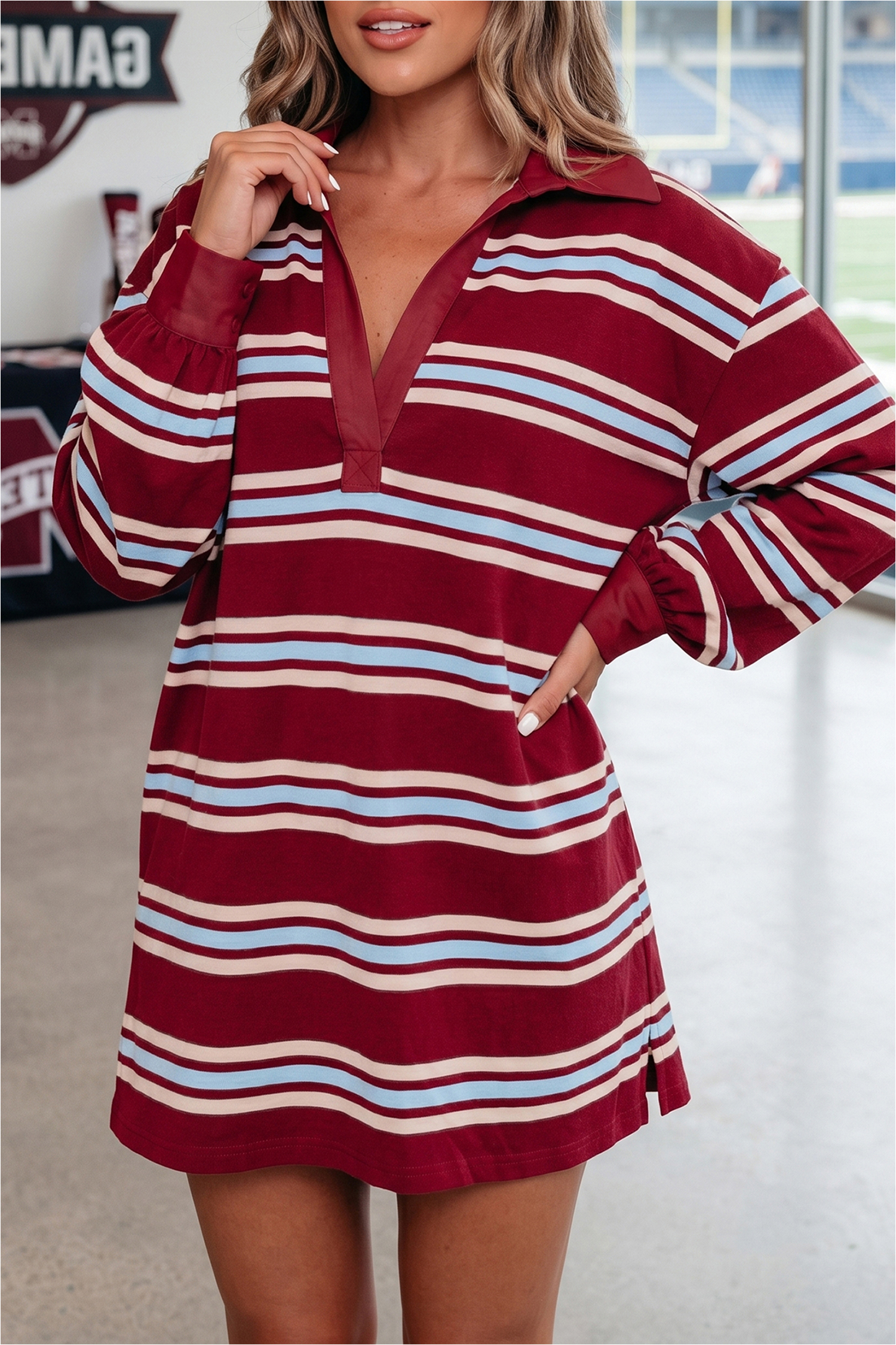 Women's Retro Striped Polo Mini Dress – Casual Game Day Style - Detail View 3 Women's Retro Striped Polo Mini Dress – Casual Game Day Style - Detail View 3