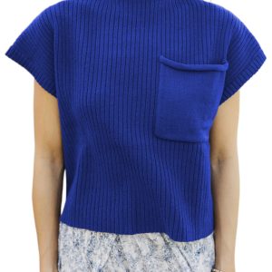Women's Dark Blue High Neck Ribbed Knit Short Sleeve Sweater with Patch Pocket - Main View