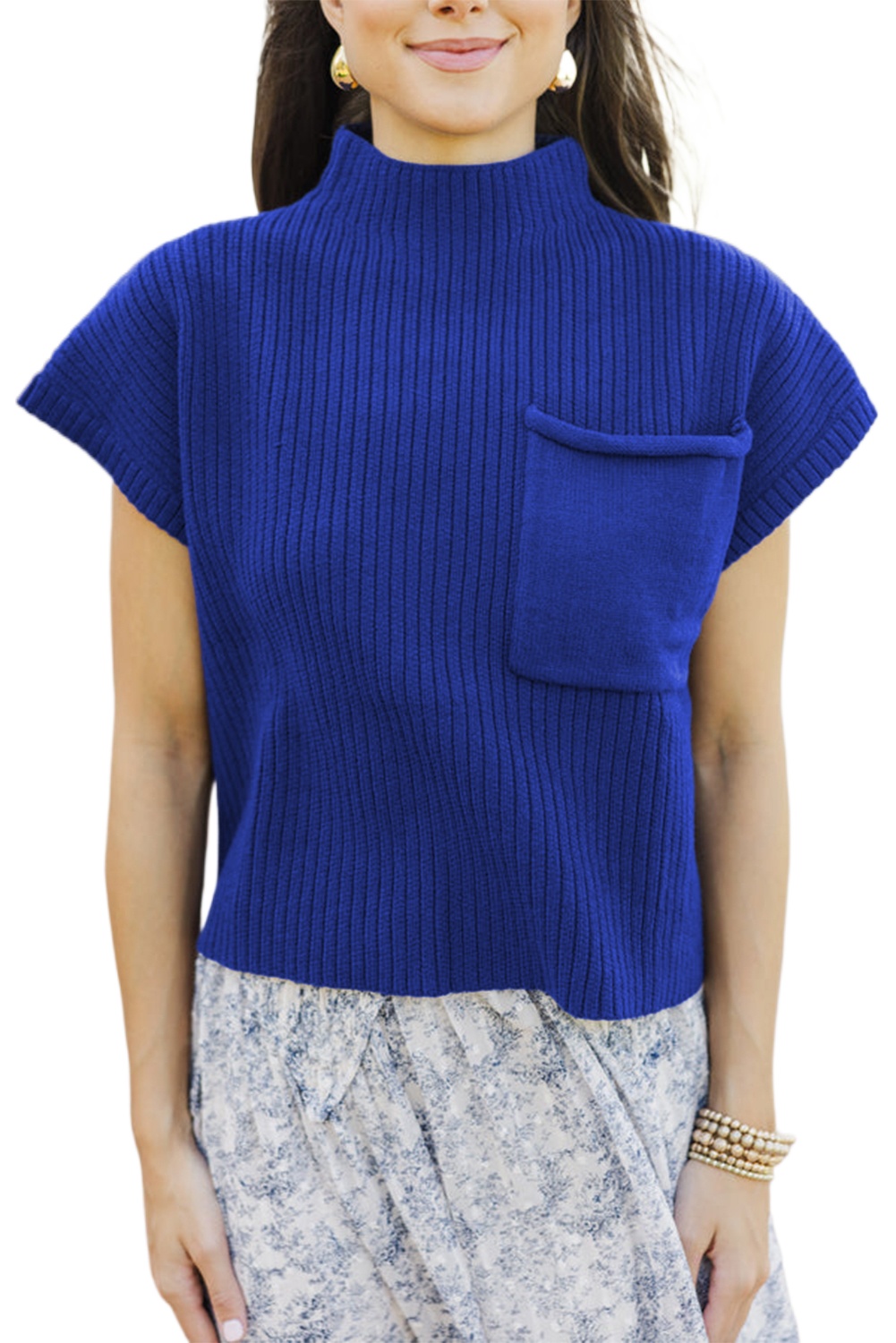 Women's Dark Blue High Neck Ribbed Knit Short Sleeve Sweater with Patch Pocket - Main View Women's Dark Blue High Neck Ribbed Knit Short Sleeve Sweater with Patch Pocket - Main View