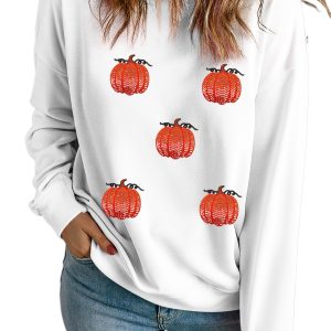 Women's White Sequin Pumpkin Patched Drop Shoulder Long Sleeve Sweatshirt for Fall - Main View