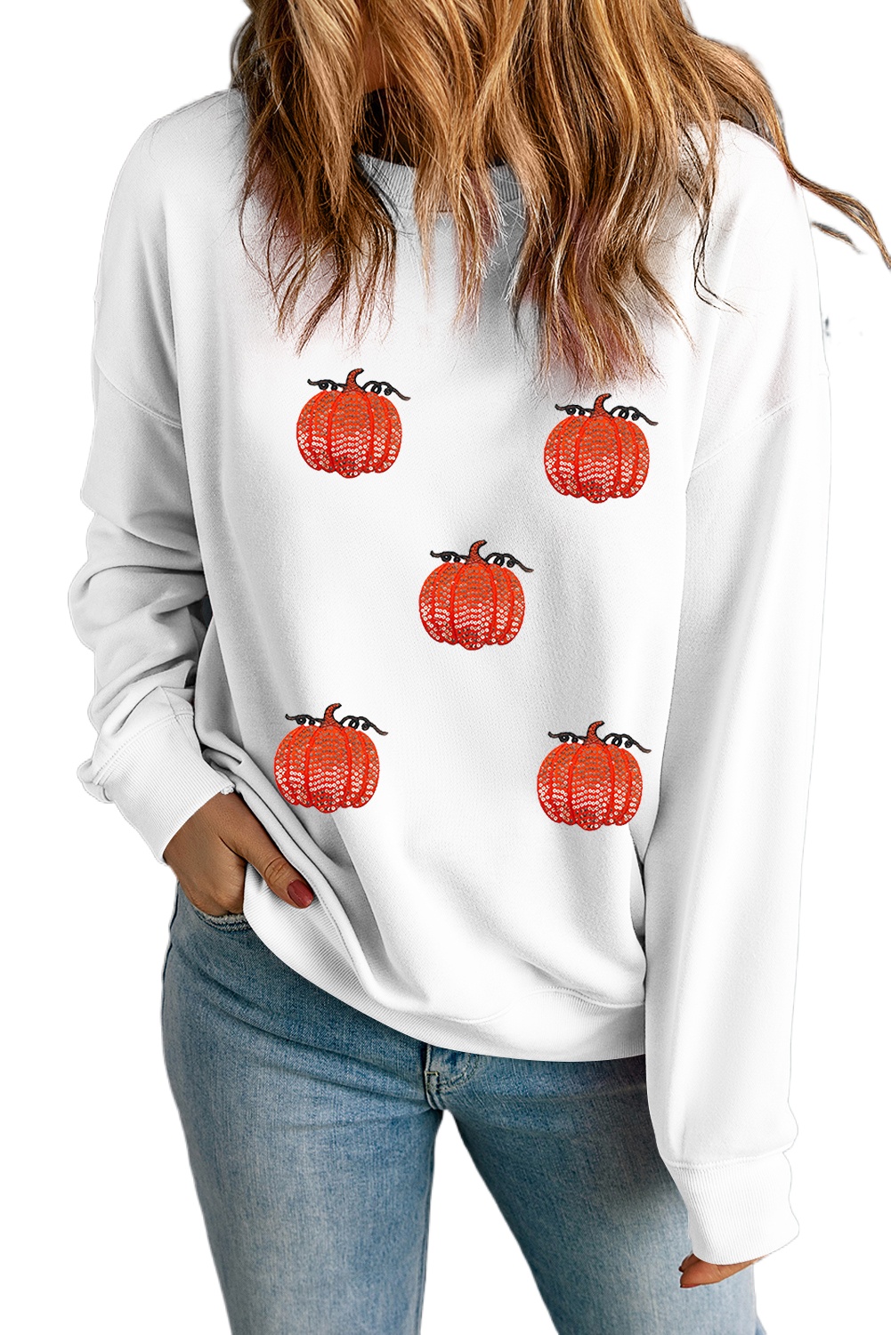 Women's White Sequin Pumpkin Patched Drop Shoulder Long Sleeve Sweatshirt for Fall - Main View Women's White Sequin Pumpkin Patched Drop Shoulder Long Sleeve Sweatshirt for Fall - Main View