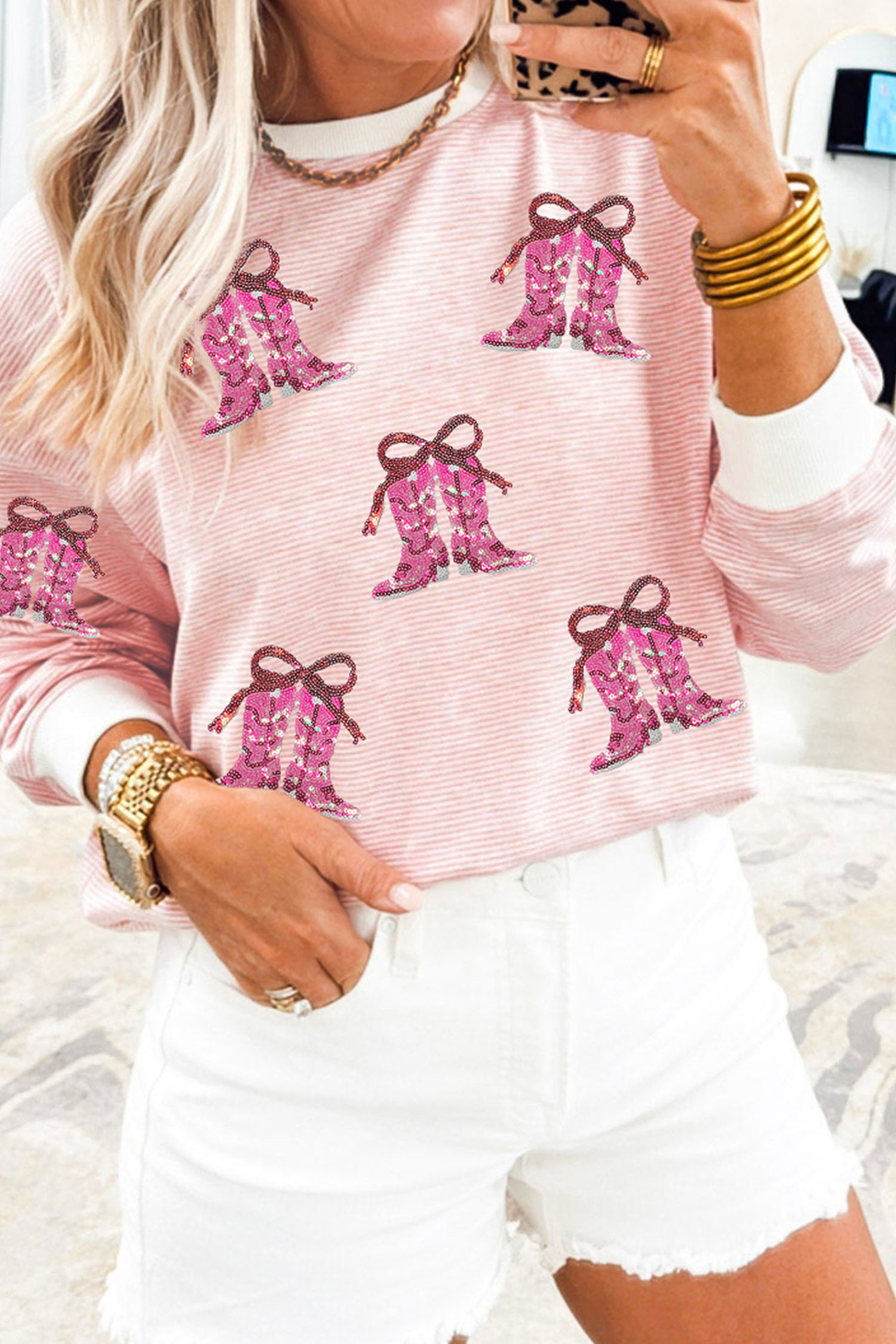 Fall-Ready Women's Sequin Striped Cowgirl Shirt – Versatile Pink Long Sleeve Casual Wear - Detail View 3 Fall-Ready Women's Sequin Striped Cowgirl Shirt – Versatile Pink Long Sleeve Casual Wear - Detail View 3