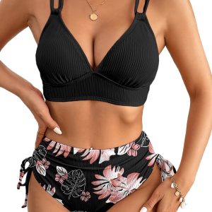 Women's Black Ribbed Knit High Waist 2-Piece Bikini Swimsuit – Stylish Beach Essential - Main View