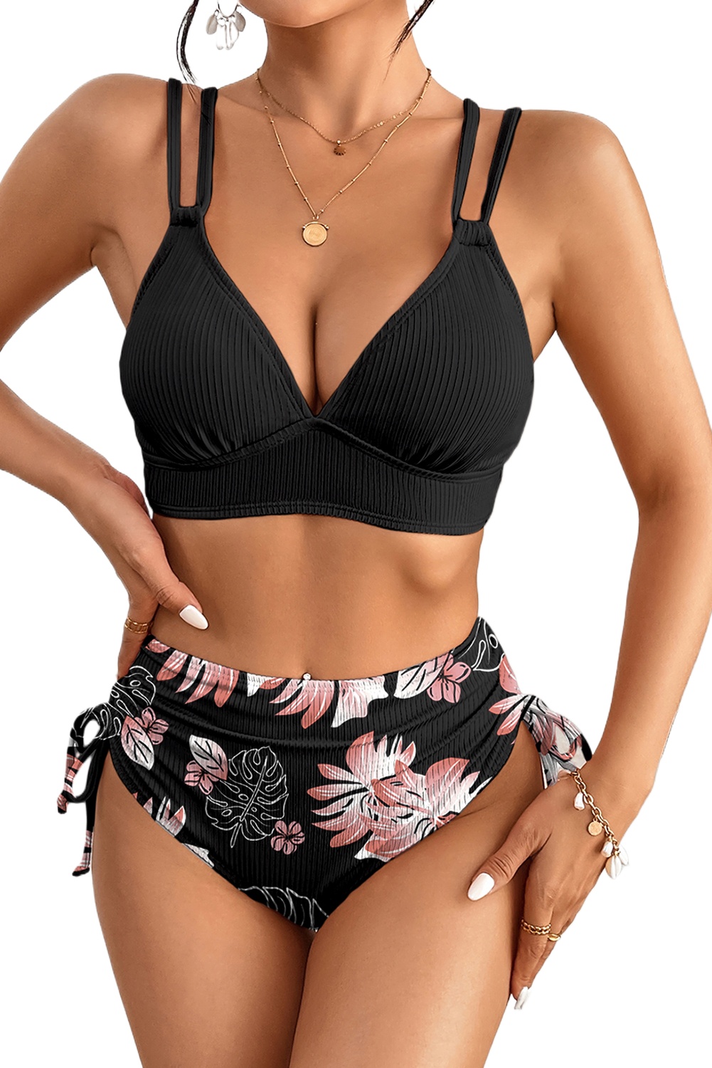 Women's Black Ribbed Knit High Waist 2-Piece Bikini Swimsuit – Stylish Beach Essential - Main View Women's Black Ribbed Knit High Waist 2-Piece Bikini Swimsuit – Stylish Beach Essential - Main View