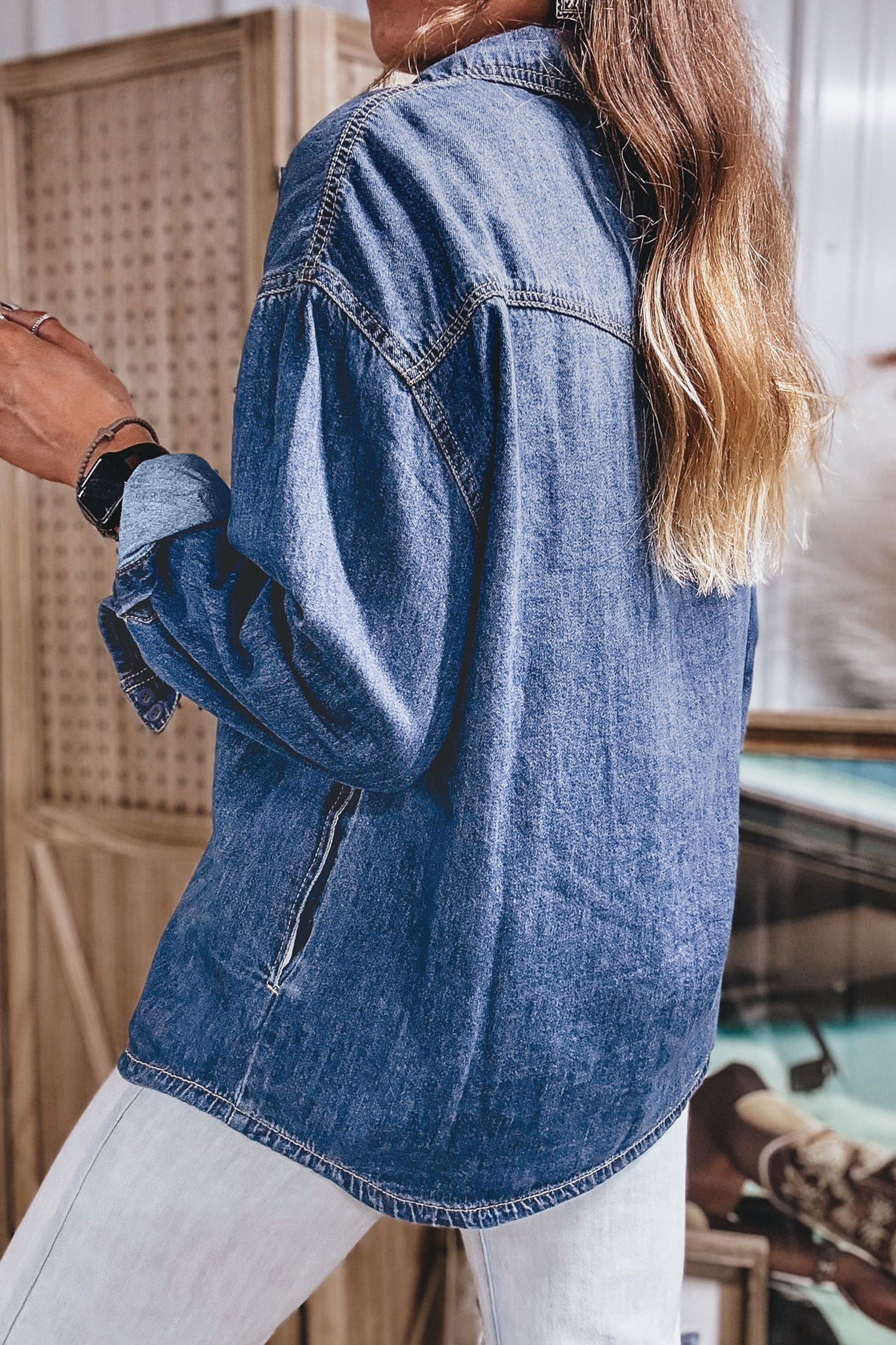 Sail Blue Denim Shirt, Casual Long Sleeve Western Style Top - Detail View 2 Sail Blue Denim Shirt, Casual Long Sleeve Western Style Top - Detail View 2