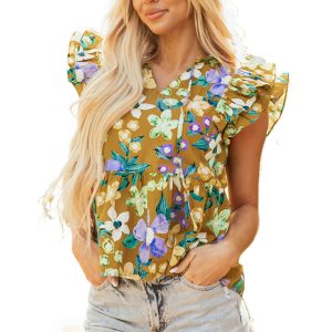Women's Yellow Floral Print V Neck Top with Tiered Flutter Sleeves - Main View