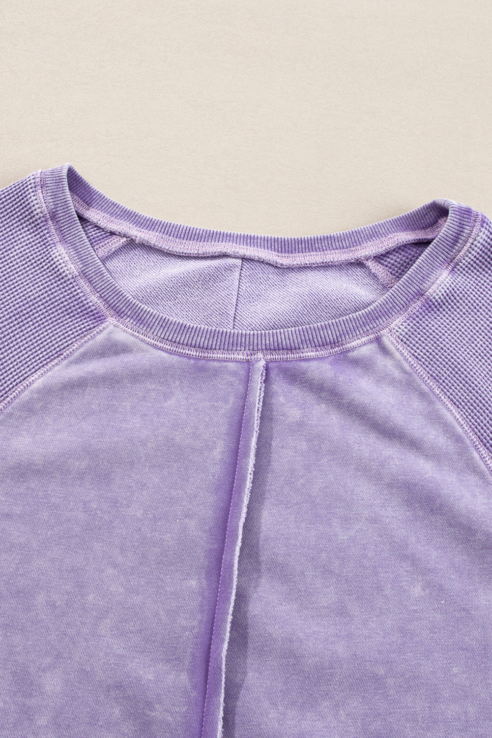 Stylish Orchid Petal Solid Waffle Knit Sweatshirt with Raglan Sleeves - Detail View 6 Stylish Orchid Petal Solid Waffle Knit Sweatshirt with Raglan Sleeves - Detail View 6