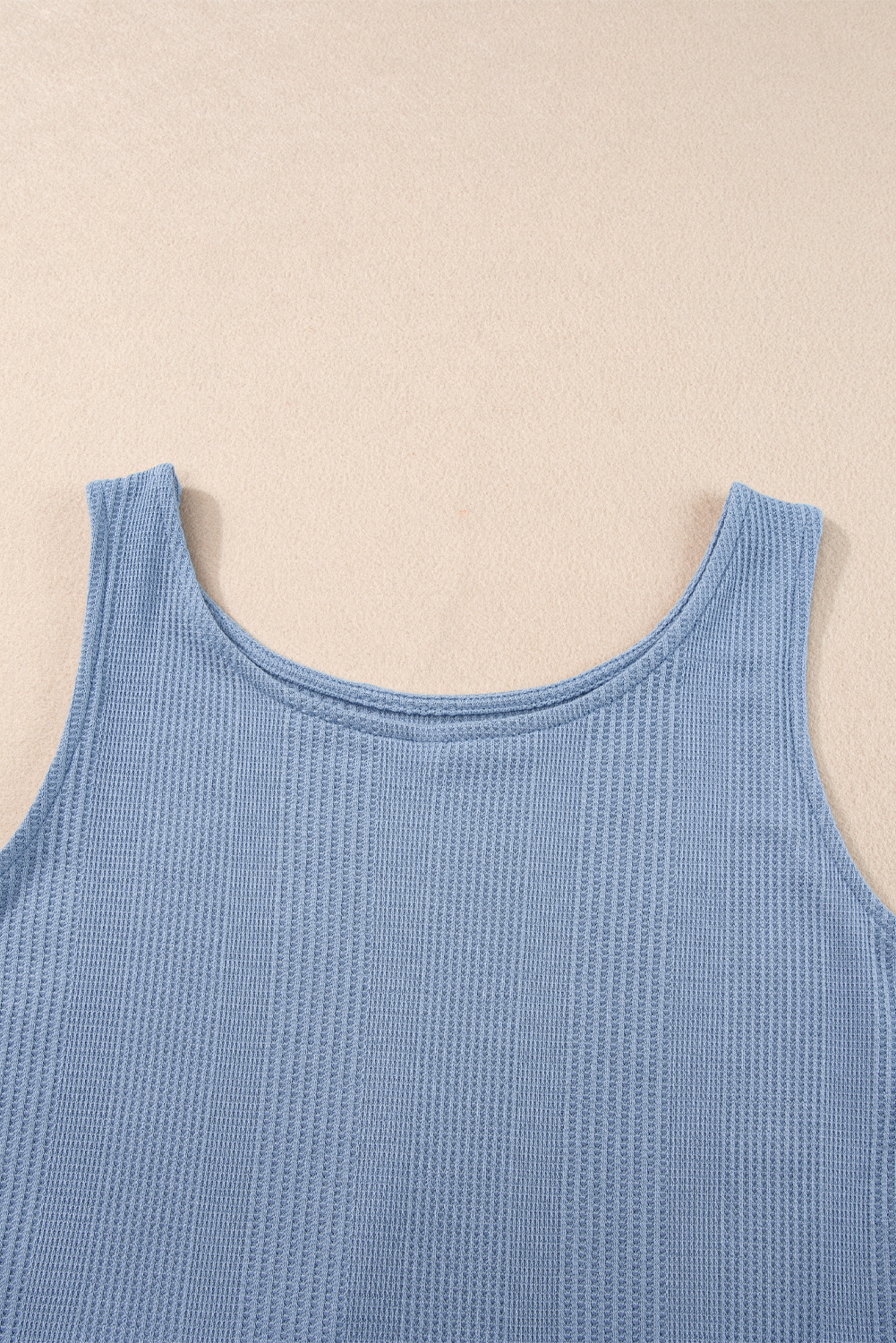 Women's Two-Piece Set, Beau Blue, Solid Color, Ribbed Texture, Ruffle Tank Top, Wide Leg Pants, Casual Loungewear, Summer Fashion, Sleeveless Top, High Waisted Pants, Daily Wear, Comfortable Style, Versatile Outfit - Detail View 12 Women's Two-Piece Set, Beau Blue, Solid Color, Ribbed Texture, Ruffle Tank Top, Wide Leg Pants, Casual Loungewear, Summer Fashion, Sleeveless Top, High Waisted Pants, Daily Wear, Comfortable Style, Versatile Outfit - Detail View 12