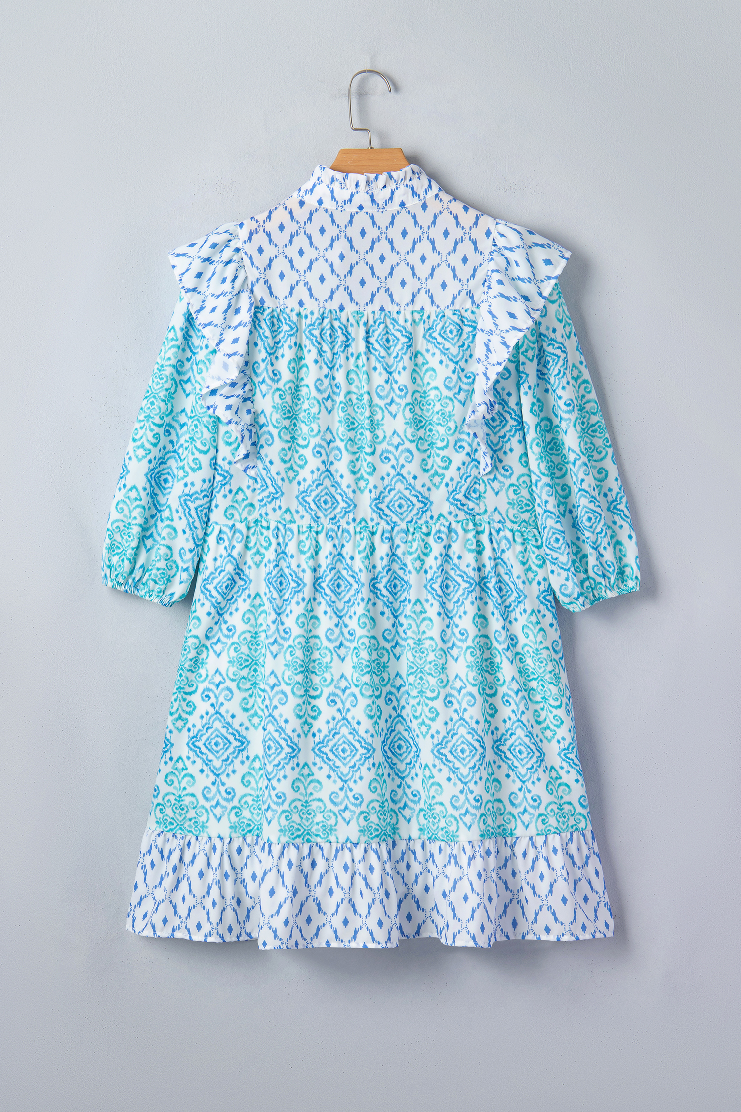 Women's Sky Blue Boho Mini Dress – Floral Patchwork Ruffle - Detail View 7 Women's Sky Blue Boho Mini Dress – Floral Patchwork Ruffle - Detail View 7
