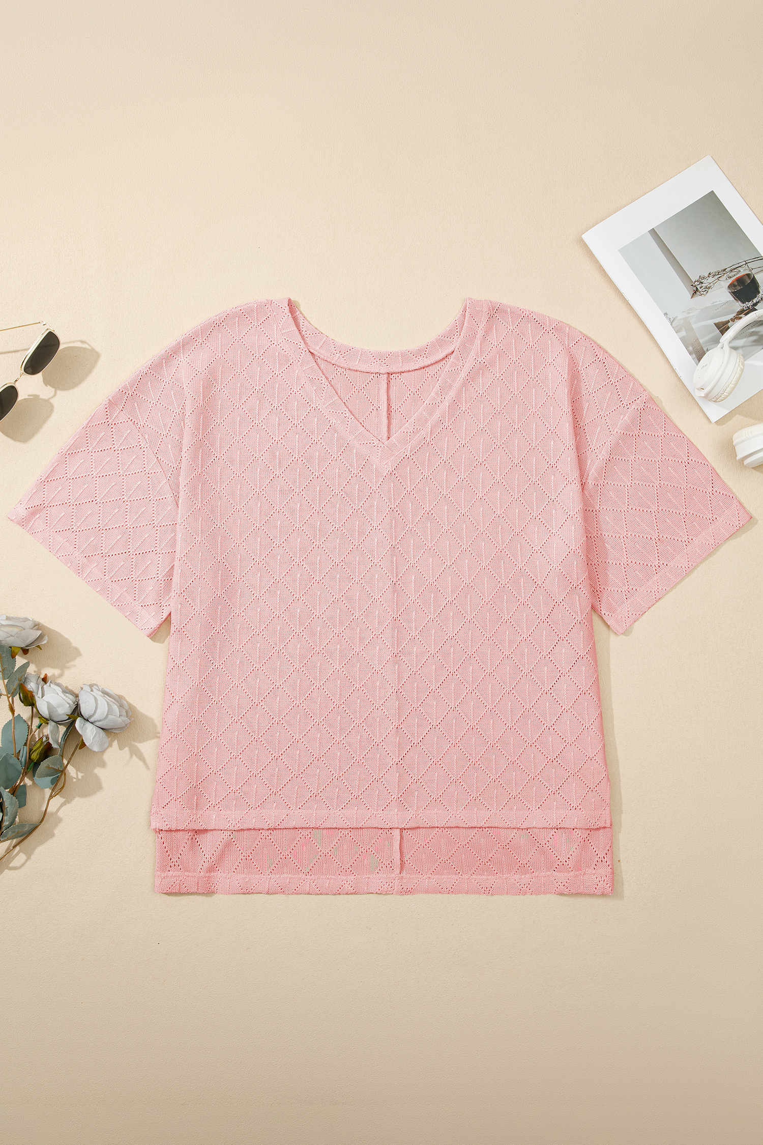Women's Plus Size Light Pink V Neck Top – Versatile Pointelle Rhombus Knit for Daily Wear - Detail View 2 Women's Plus Size Light Pink V Neck Top – Versatile Pointelle Rhombus Knit for Daily Wear - Detail View 2