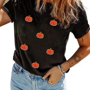 Women's Black Chenille Pumpkin Patched Casual T-Shirt for Fall - Main View