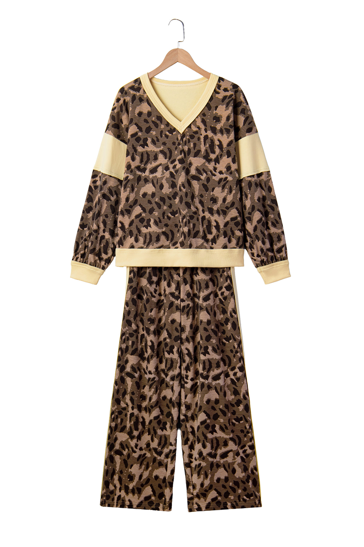 Leopard Color Block Pant Set, Trendy Wide Leg Autumn Outfit - Detail View 5 Leopard Color Block Pant Set, Trendy Wide Leg Autumn Outfit - Detail View 5