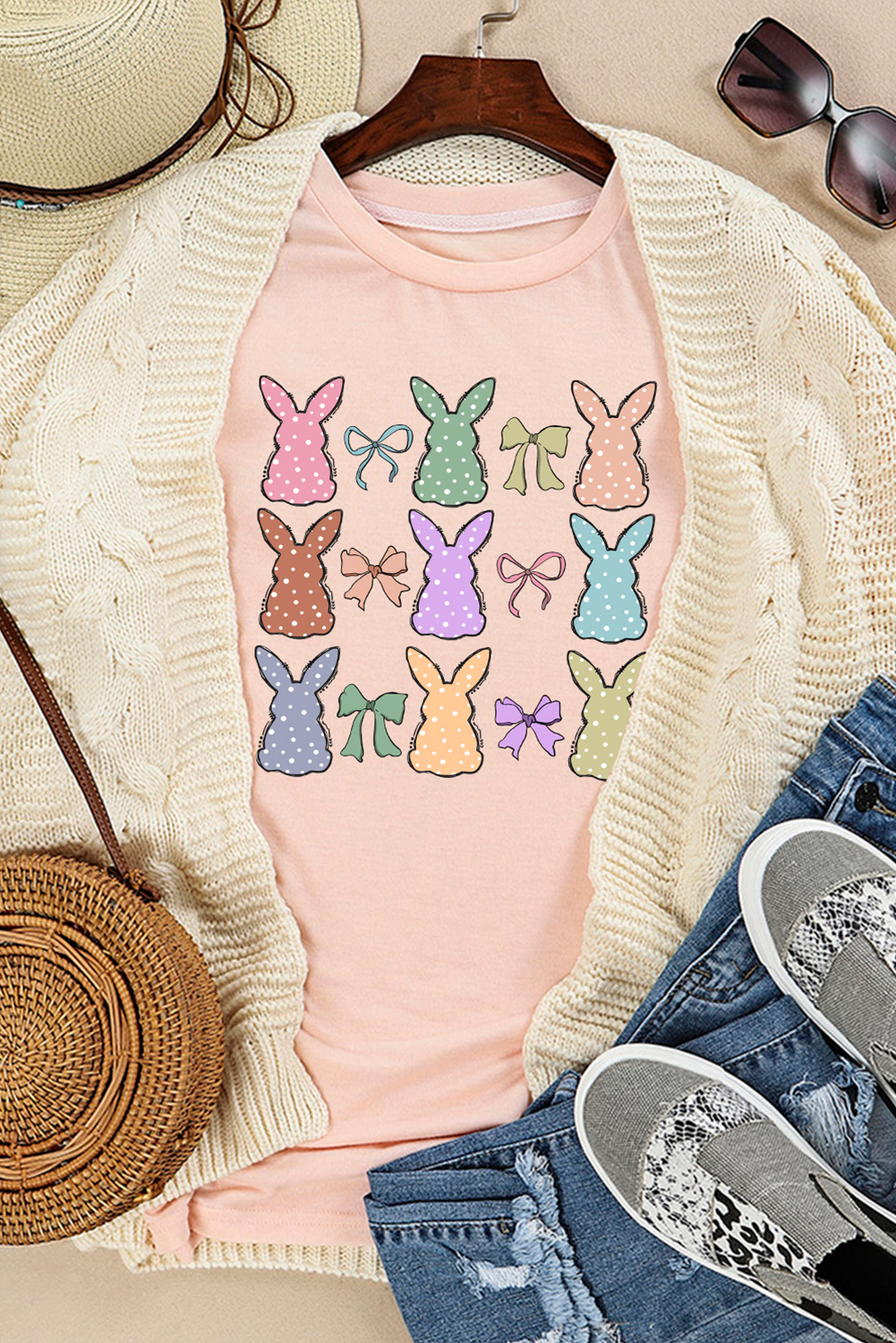 Women's T-Shirt, Pink Easter Tee, Bunny Print, Bow Design, Casual Style, Short Sleeve, Round Neck, Graphic Tees, Holiday Apparel, Spring Fashion, Festive Outfit, Cute Animal Pattern, Comfortable Fit, Daily Wear - Detail View 8 Women's T-Shirt, Pink Easter Tee, Bunny Print, Bow Design, Casual Style, Short Sleeve, Round Neck, Graphic Tees, Holiday Apparel, Spring Fashion, Festive Outfit, Cute Animal Pattern, Comfortable Fit, Daily Wear - Detail View 8