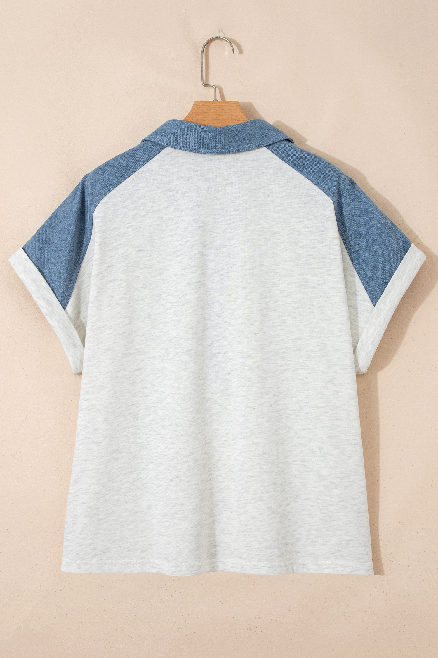 Trendy Women's Beige Cuffed Sleeve Polo Tee – Perfect Plus Size Denim Patchwork for Summer Days - Detail View 3 Trendy Women's Beige Cuffed Sleeve Polo Tee – Perfect Plus Size Denim Patchwork for Summer Days - Detail View 3