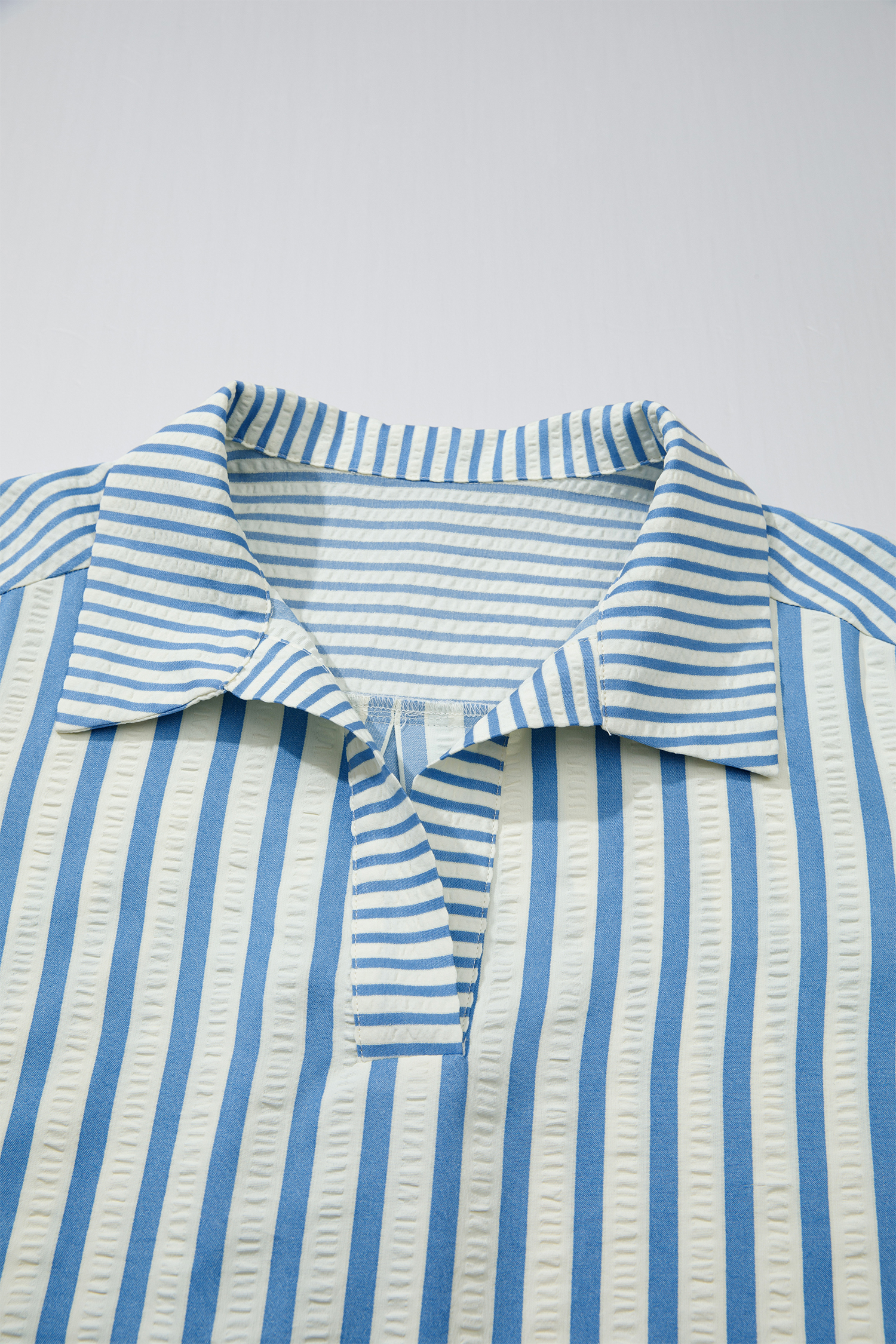 Women's Sky Blue Striped Blouse – Casual 3/4 Sleeve Textured Shirt with Collar for Daily Wear - Detail View 7 Women's Sky Blue Striped Blouse – Casual 3/4 Sleeve Textured Shirt with Collar for Daily Wear - Detail View 7
