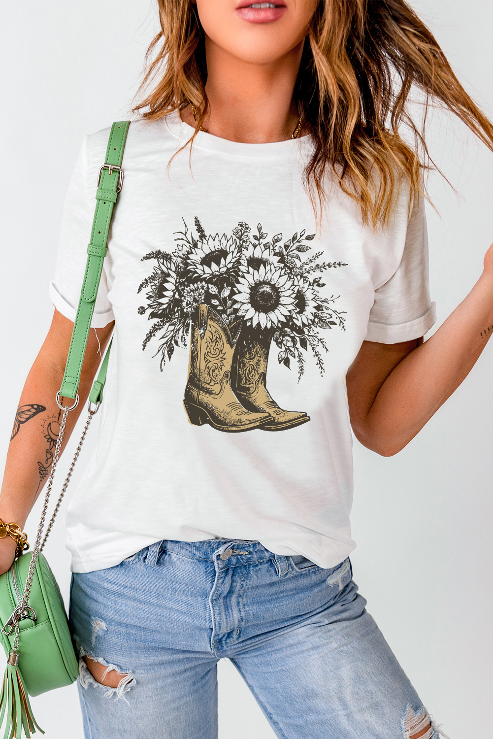 Stylish Round Neck White Tee Featuring Monochromatic Flower and Boot Print - Detail View 7 Stylish Round Neck White Tee Featuring Monochromatic Flower and Boot Print - Detail View 7