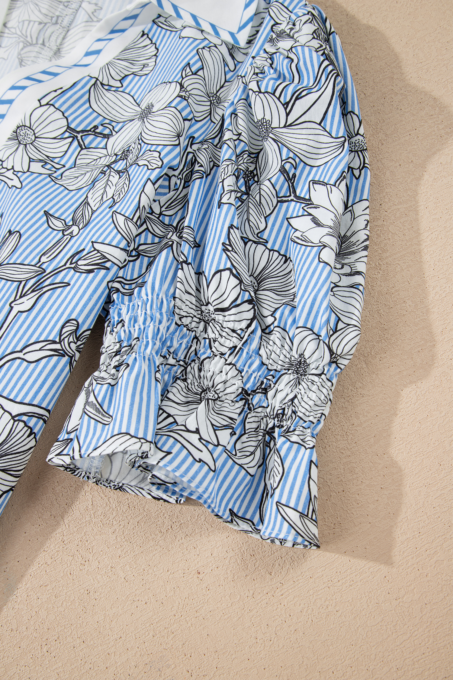 Women's Sky Blue Floral Striped Polo Blouse – Casual Short Sleeve Top for Summer Outings - Detail View 10 Women's Sky Blue Floral Striped Polo Blouse – Casual Short Sleeve Top for Summer Outings - Detail View 10