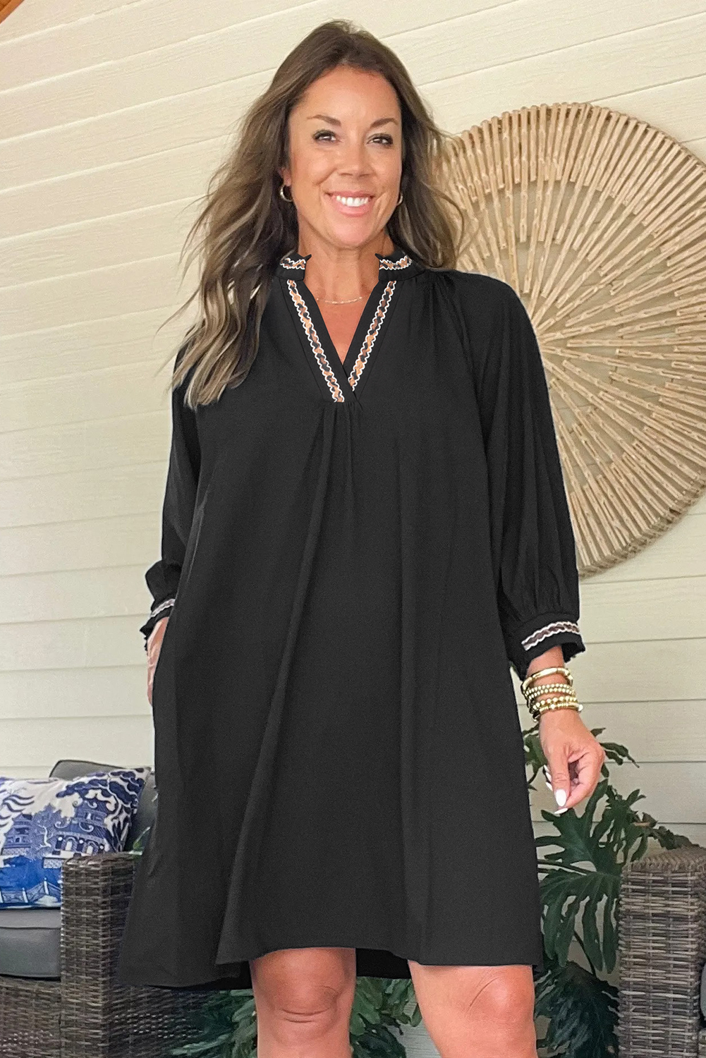 Southern Belle Black Mini Dress: Contrast Trim Bracelet Sleeve Style for Fall - Detail View 11 Southern Belle Black Mini Dress: Contrast Trim Bracelet Sleeve Style for Fall - Detail View 11