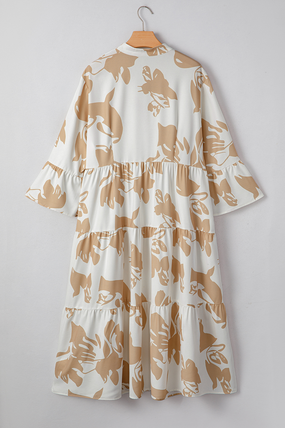Elegant Plus Size Khaki Long Dress for Fall - A-Line Tiered Design with Floral Pattern - Detail View 3 Elegant Plus Size Khaki Long Dress for Fall - A-Line Tiered Design with Floral Pattern - Detail View 3