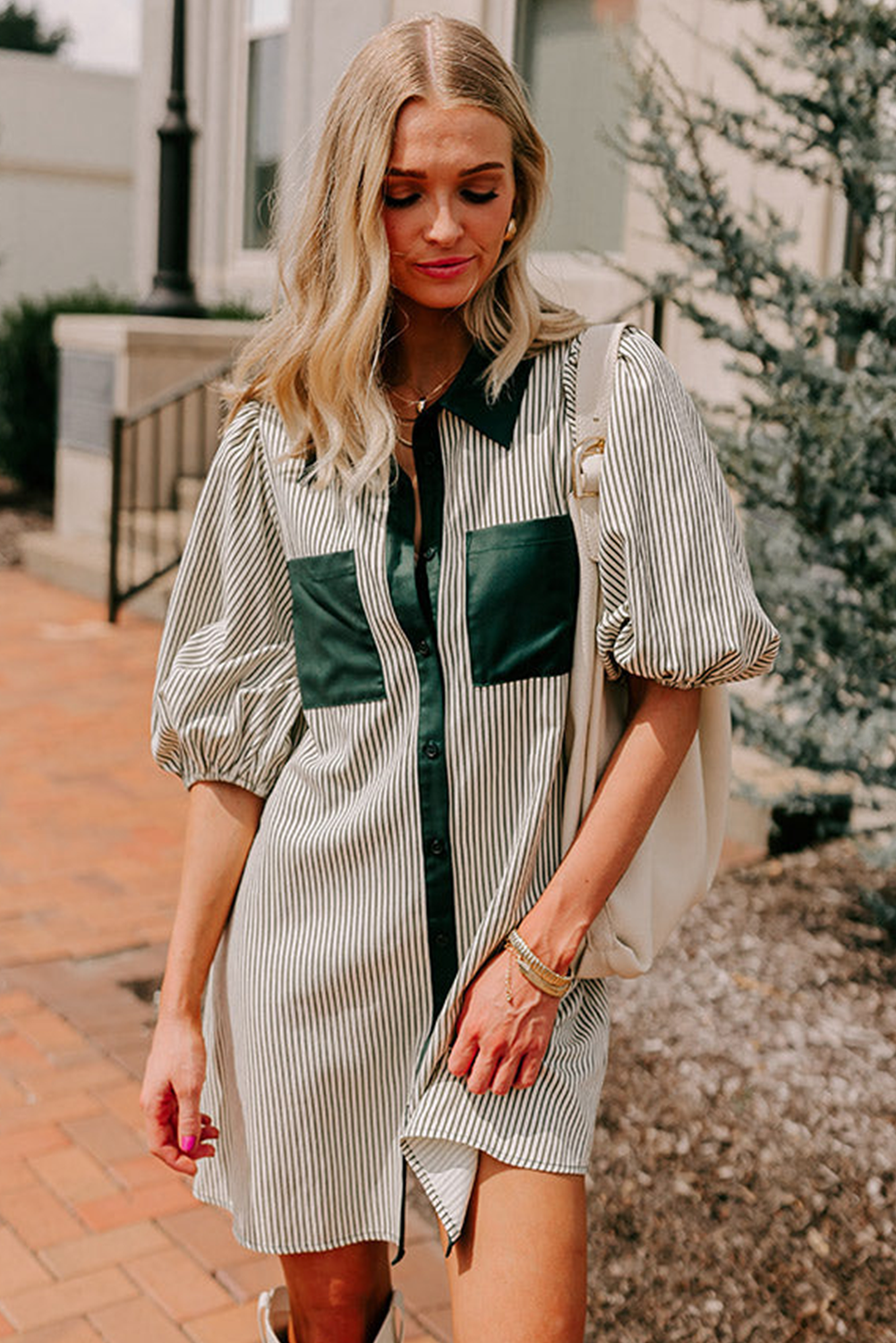 Chic Short Puff Sleeve Dress with Patch Pockets - Perfect for Casual Outings - Detail View 6 Chic Short Puff Sleeve Dress with Patch Pockets - Perfect for Casual Outings - Detail View 6