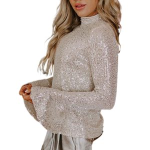 Women's Jet Stream Sequin Mock Neck Top with Drape Open Back and Bell Sleeves – Elegant Night Out Style - Main View