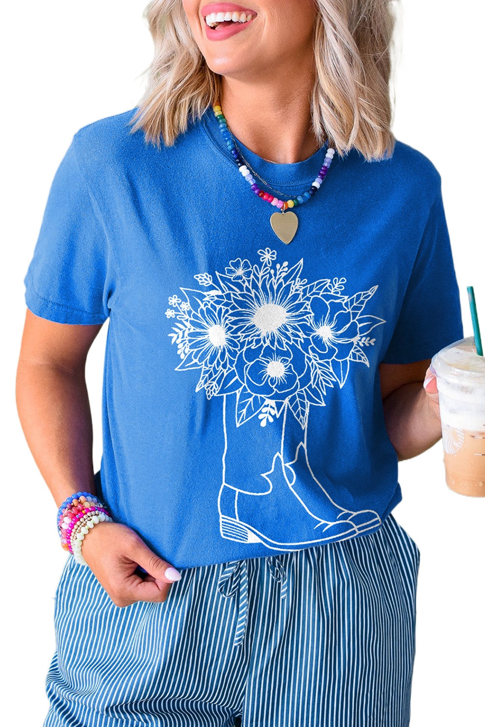 Women's Blue Sunflower Boots Graphic Western Fashion T-Shirt - Main View Women's Blue Sunflower Boots Graphic Western Fashion T-Shirt - Main View