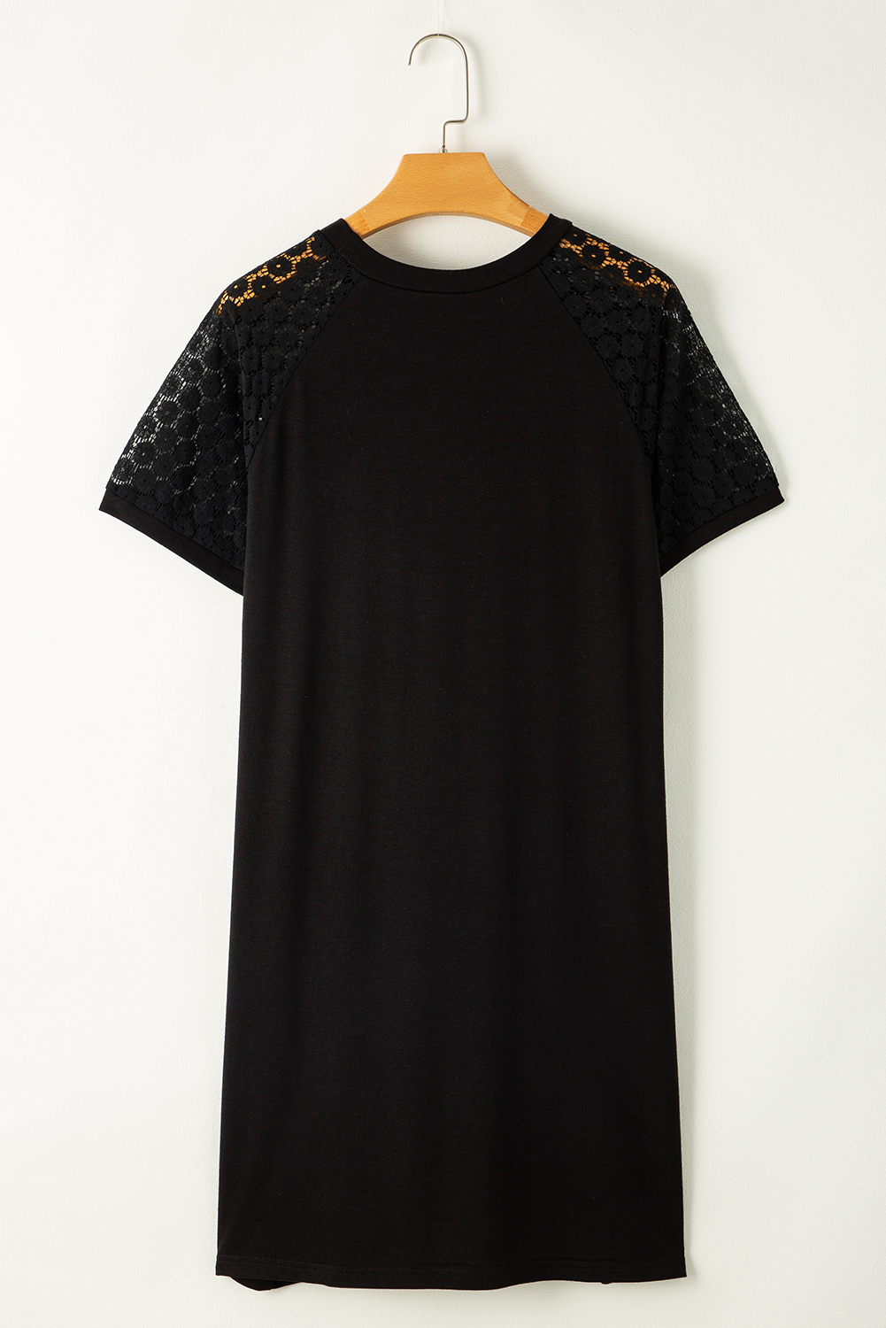 Women's Dress, Black Shift Dress, Contrast Lace, Raglan Sleeve, Pleated Detail, Casual Style, Mini Dress, Lightweight Fabric, Daily Wear, Summer Fashion, Round Neck, Solid Color, Comfortable Fit, T-Shirt Dress - Detail View 12 Women's Dress, Black Shift Dress, Contrast Lace, Raglan Sleeve, Pleated Detail, Casual Style, Mini Dress, Lightweight Fabric, Daily Wear, Summer Fashion, Round Neck, Solid Color, Comfortable Fit, T-Shirt Dress - Detail View 12