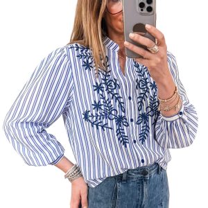 Women's Blue Striped Shirt, Embroidered Button Front Top - Main View