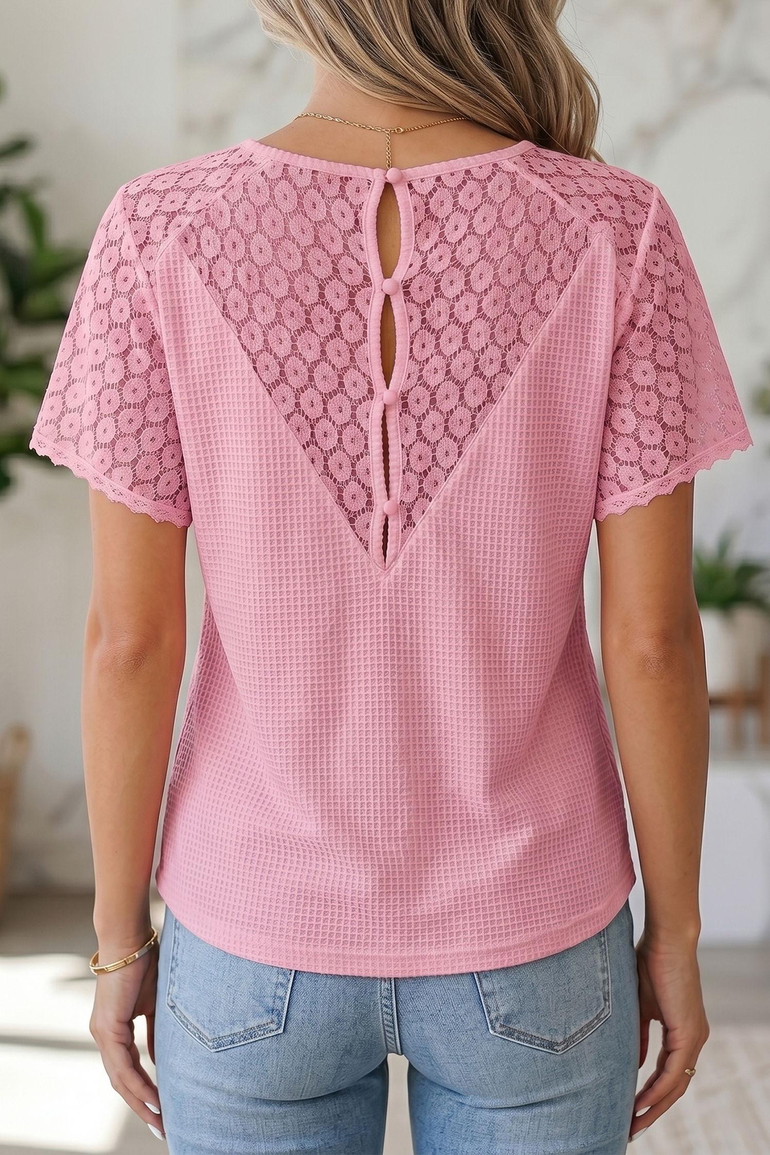 Short Sleeve Lace Splicing Blouse – Casual V-Neck Pink Top - Detail View 2 Short Sleeve Lace Splicing Blouse – Casual V-Neck Pink Top - Detail View 2