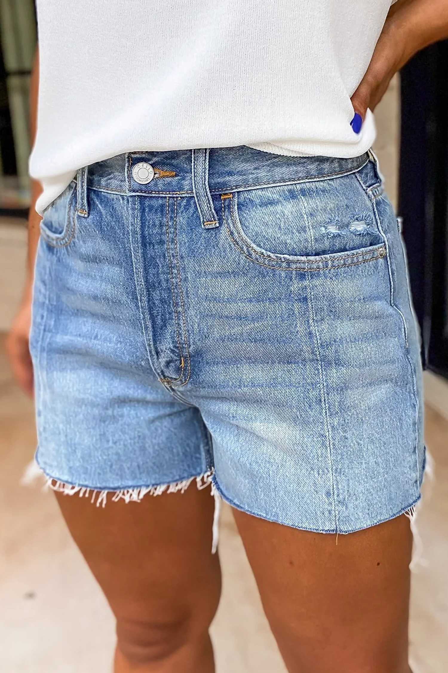 Women's Beau Blue Denim Shorts – High Waist Raw Hem Jean Cut-Offs, Summer Casual Wear for Daily Outings - Detail View 6 Women's Beau Blue Denim Shorts – High Waist Raw Hem Jean Cut-Offs, Summer Casual Wear for Daily Outings - Detail View 6