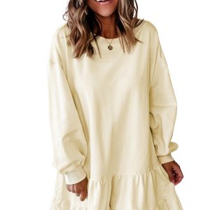 Women's Beige Double Tiered Ruffle Hem Long Sleeve Mini Dress - Casual Fall Fashion - Main View