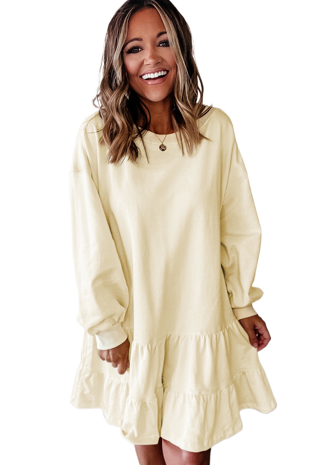 Women's Beige Double Tiered Ruffle Hem Long Sleeve Mini Dress - Casual Fall Fashion - Main View Women's Beige Double Tiered Ruffle Hem Long Sleeve Mini Dress - Casual Fall Fashion - Main View