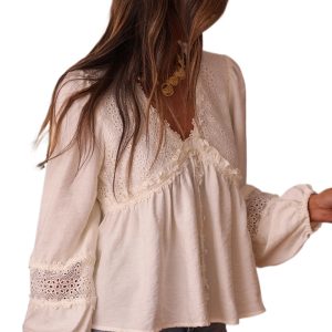 Women's Elegant White Floral Lace Blouse – Long Sleeve V-Neck Top for Stylish Spring Outfits - Main View