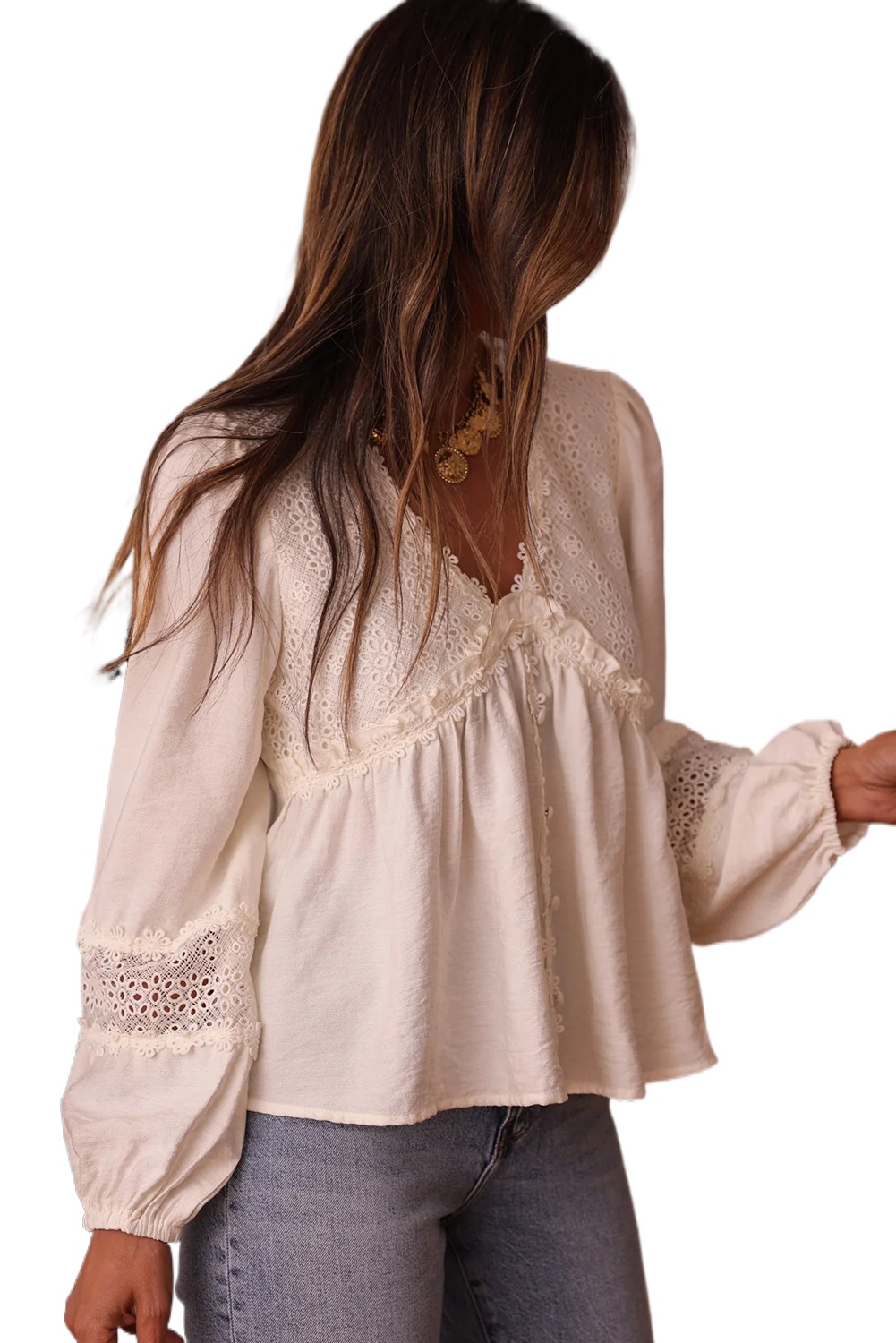 Women's Elegant White Floral Lace Blouse – Long Sleeve V-Neck Top for Stylish Spring Outfits - Main View Women's Elegant White Floral Lace Blouse – Long Sleeve V-Neck Top for Stylish Spring Outfits - Main View