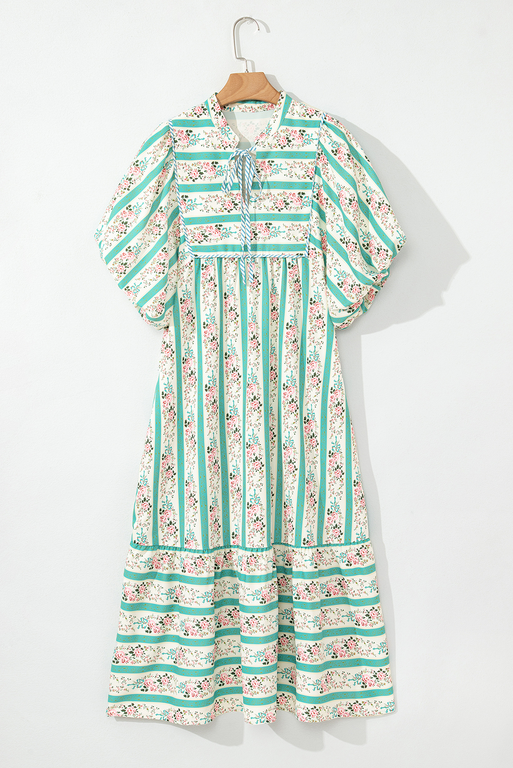 Women's Midi Dress, Striped Floral Print, Puff Sleeves, Tie Split Neck, Chic Style, Summer Fashion, Vacation Outfit, High Waist, Sheath Silhouette, Comfortable, Unique Design, Daily Wear, Floral Dresses - Detail View 4 Women's Midi Dress, Striped Floral Print, Puff Sleeves, Tie Split Neck, Chic Style, Summer Fashion, Vacation Outfit, High Waist, Sheath Silhouette, Comfortable, Unique Design, Daily Wear, Floral Dresses - Detail View 4