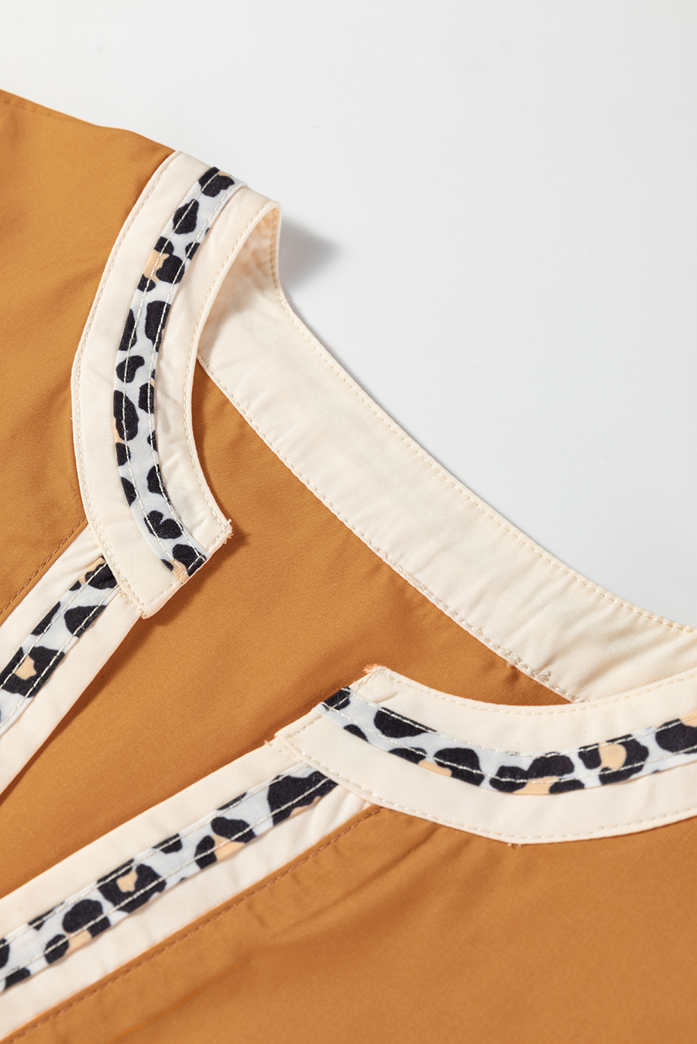 Women's Buckskin Puff Sleeve Blouse with Leopard Trim – Chic Daily Wear for Fall - Detail View 7 Women's Buckskin Puff Sleeve Blouse with Leopard Trim – Chic Daily Wear for Fall - Detail View 7